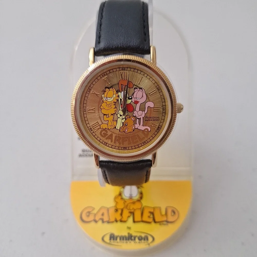 *RARE* NEW Vtg Garfield Armitron Watch Leather Gold Tone Quartz Water Resistant